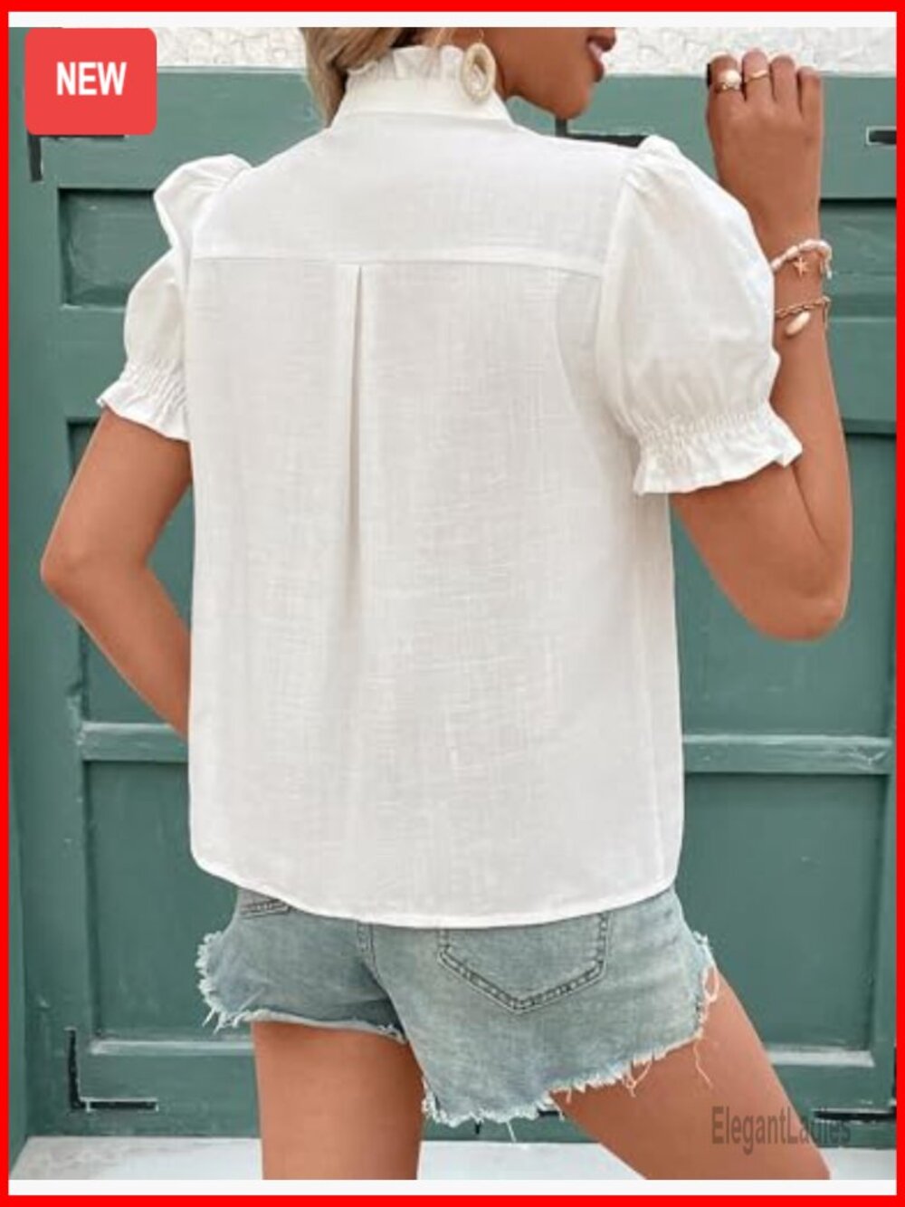V Neck Puff Sleeve Button Down Shirt Embroidered Blouse Top - Picture 6 of 7
